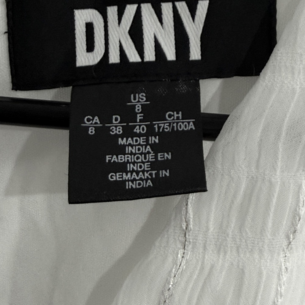 DKNY Flutter Sleeve Tiered Dress Womens 8 White Lurex Shimmer  V-Neck Flowy - Picture 7 of 9
